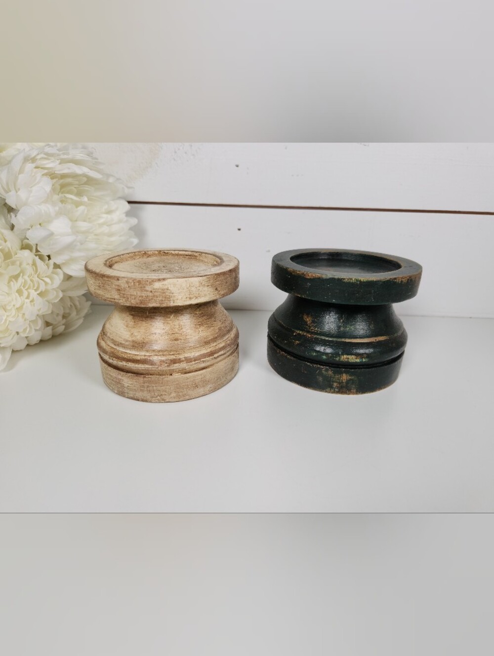 Rustic Cream & Dark Green Wood Candle Holders |Chunky Wooden Candleholder Pair